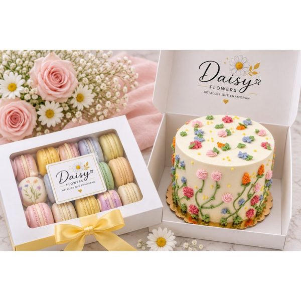 Combo pastel floral y macarones